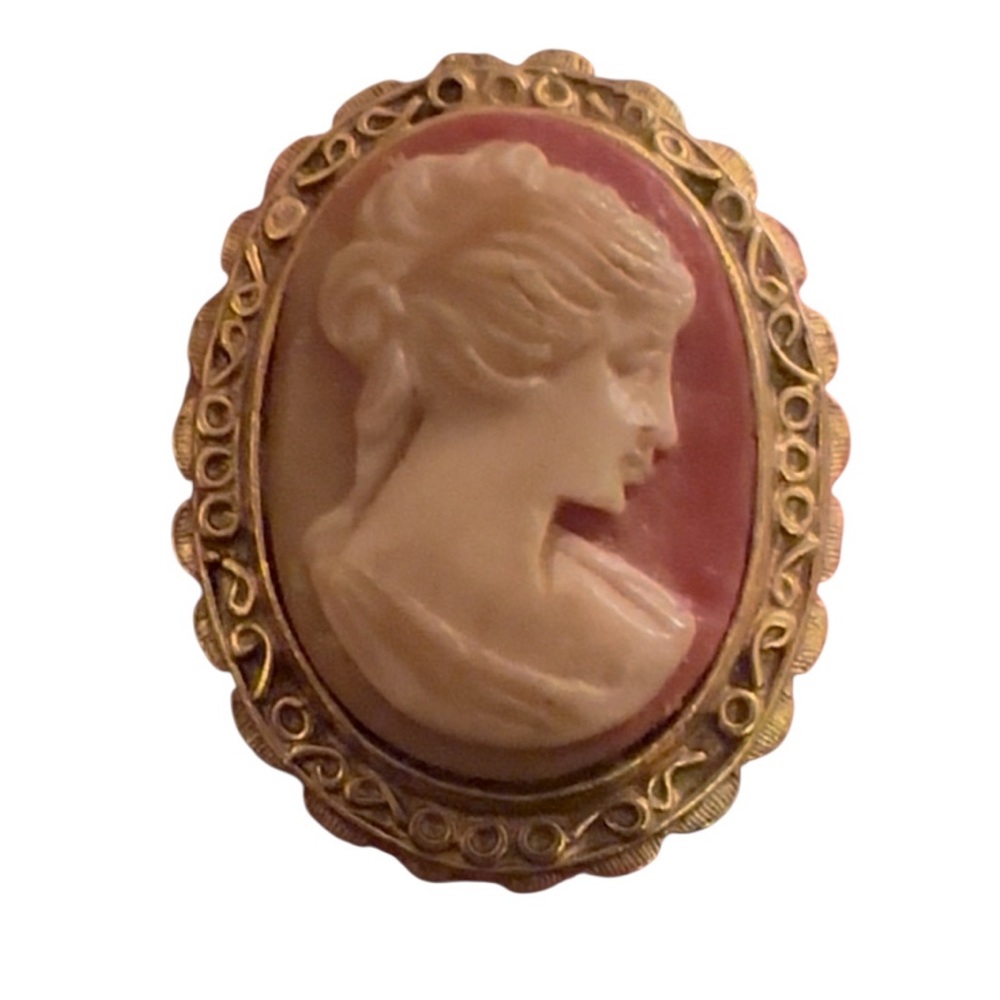 Vintage Figural Lady Cameo Cream on Coral Oval Gold Tone Brooch Pin